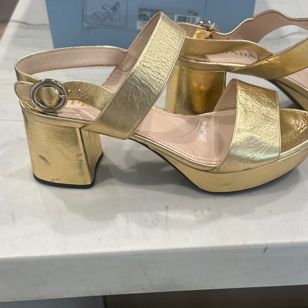Prada Gold Block Heel Sandals - Picture 9 of 11